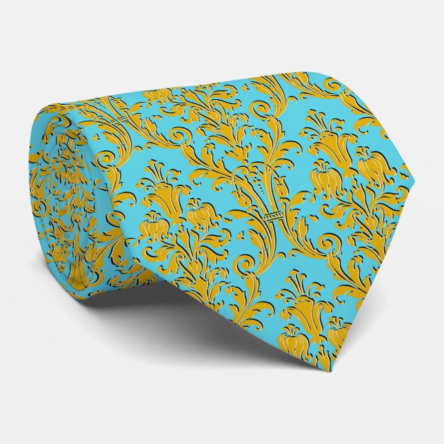 Gold Floral Damask Turquoise Wedding Tie (Rolled)