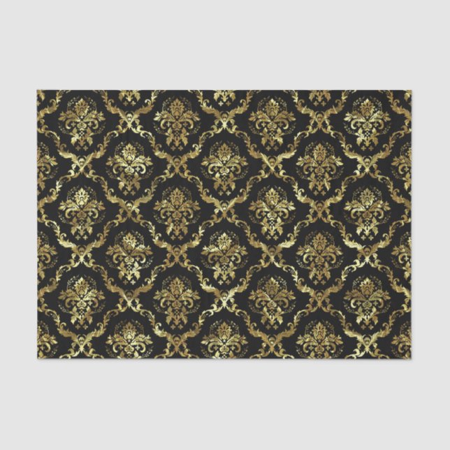 Gold Floral Damasks 3 & Custom Black Background Tissue Paper (Front)