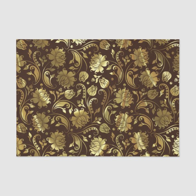 Gold Floral Damasks & Custom Brown Background Tissue Paper (Front)