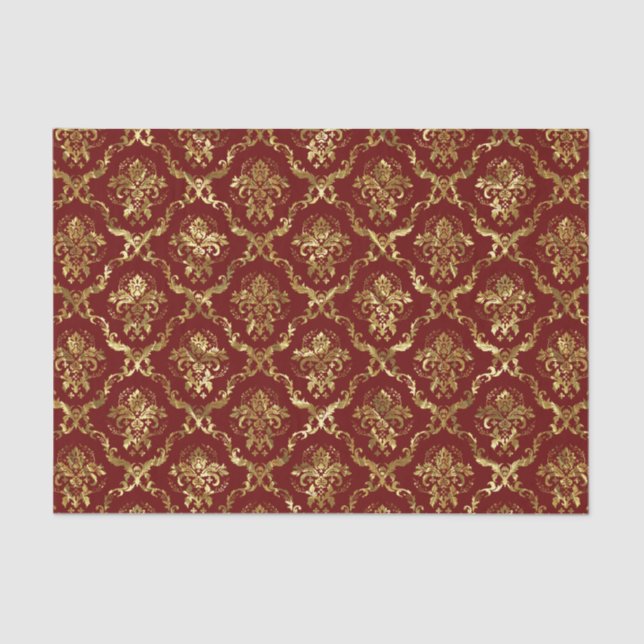 Gold Floral Damasks & Custom Dark_Red Background Tissue Paper (Front)