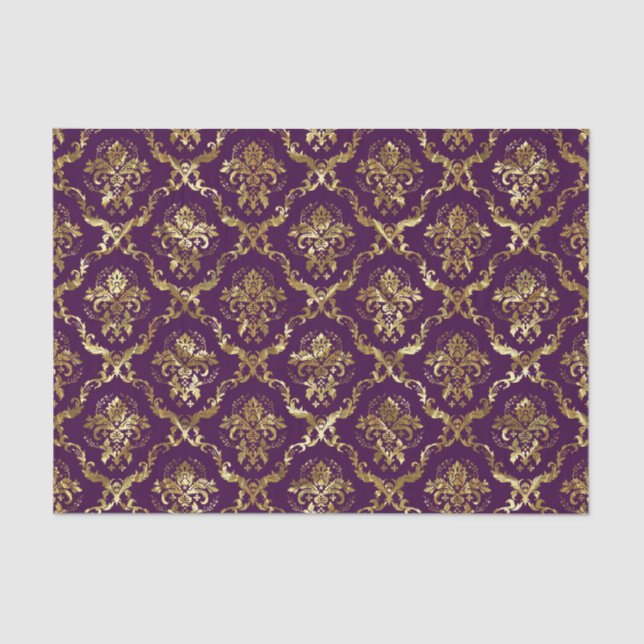 Gold Floral Damasks & Custom Purple Background Tissue Paper (Front)