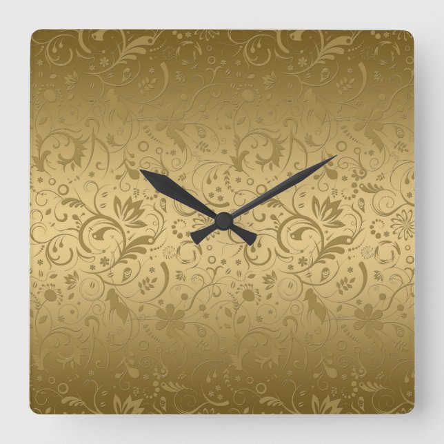 Gold Floral Damasks On Gold Background Square Wall Clock (Front)