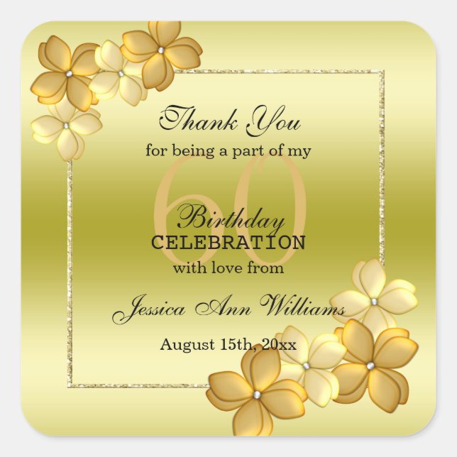 Gold Floral Decoration & Glitter 60th Birthday   Square Sticker (Front)