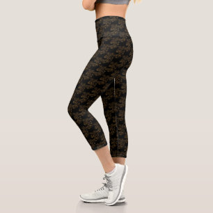 Gold Floral Design On Black   Capri Leggings