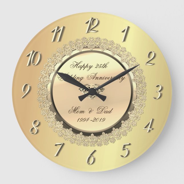 Gold Floral Diamond25th Wedding Anniversary Large Clock (Front)