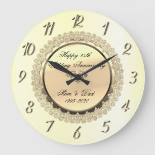 Gold Floral Diamond 25th Wedding Anniversary Large Clock