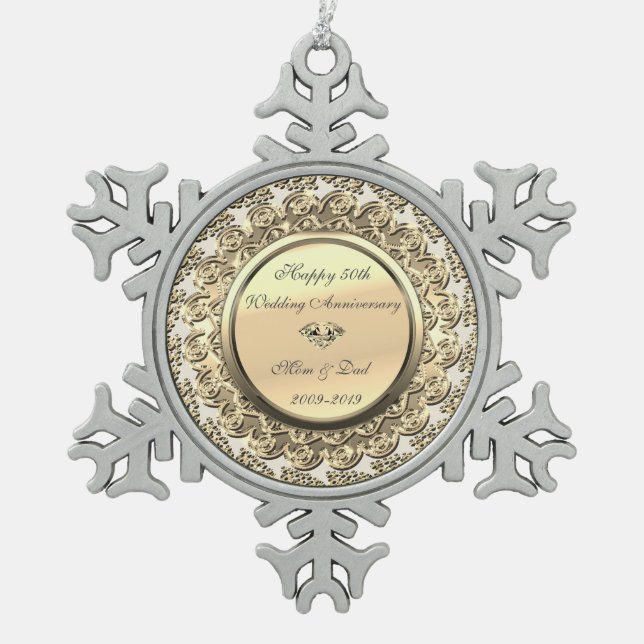 Gold Floral  Diamond 50th Wedding Anniversary Snowflake Pewter Christmas Ornament (Front)