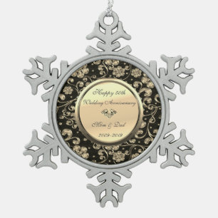 Gold  Floral Diamond 50th Wedding Anniversary Snowflake Pewter Christmas Ornament