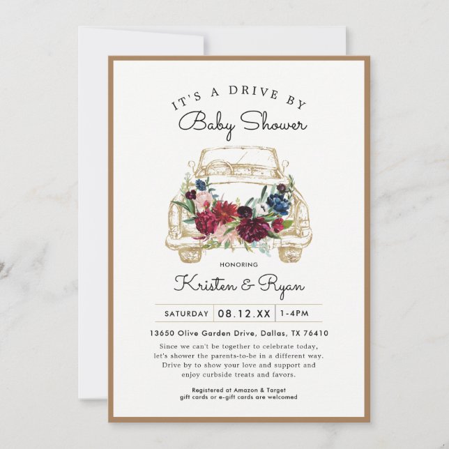 Gold Floral Drive Through Baby Shower Invitation (Front)