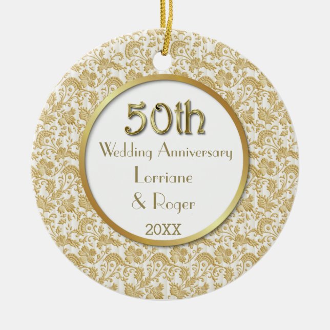 Gold Floral Elegance 50th Wedding Anniversary Ceramic Tree Decoration (Front)