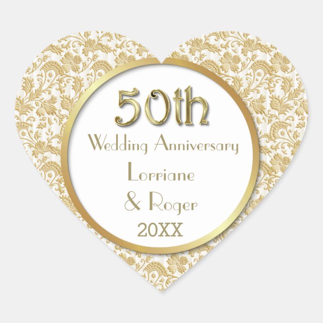 Gold Floral Elegance 50th Wedding Anniversary Heart Sticker (Front)