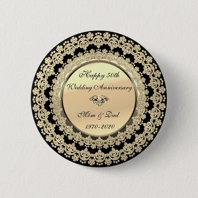 Gold Floral Elegant Black 50th Wedding Anniversary 6 Cm Round Badge (Front)