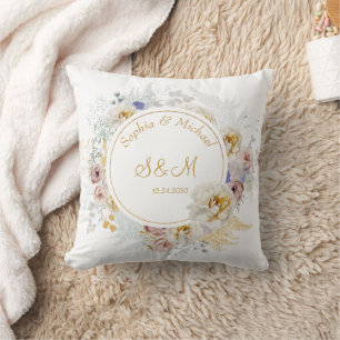 Gold Floral Elegant Modern Monogram Wedding Cushion