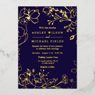 Gold Floral Elegant Navy Modern Wedding Real Gold