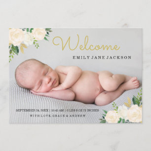 Gold Floral Elegant Photo Birth Announcement