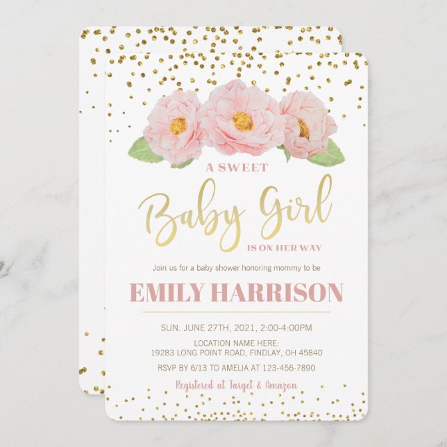 Gold Floral Elegant Sweet Baby Girl Shower Invitation (Front/Back)