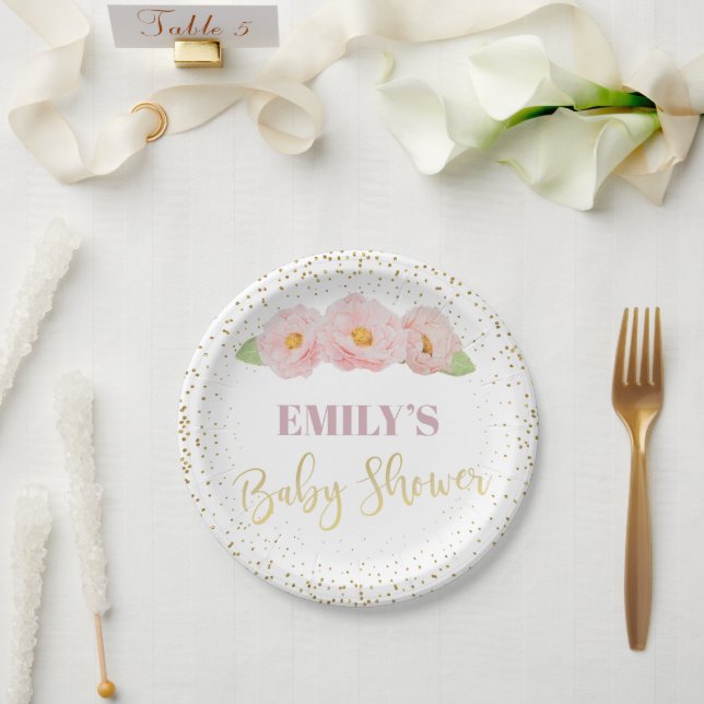 Gold Floral Elegant Sweet Baby Girl Shower Paper Plate (Wedding)