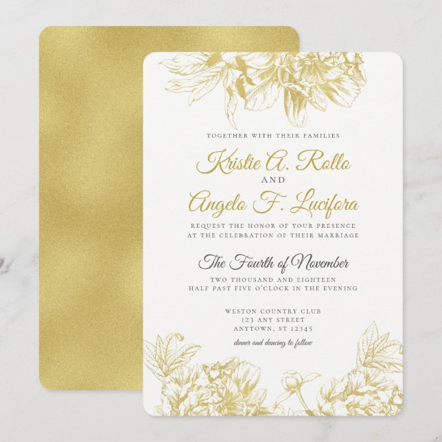 Gold Floral Elegant Wedding Invitation (Front/Back)