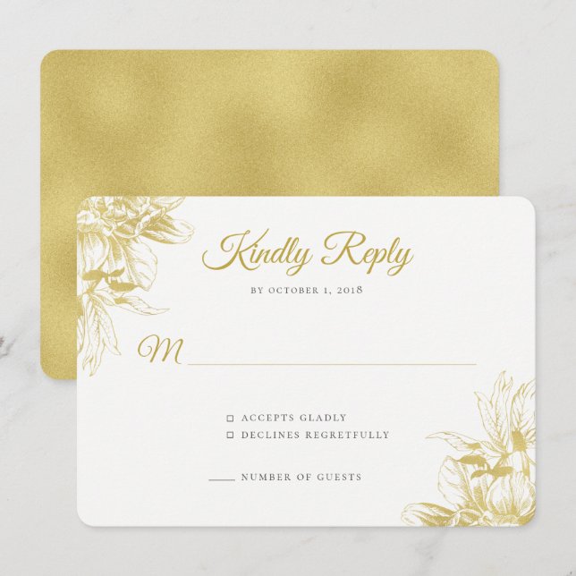 Gold Floral Elegant Wedding Invitation RSVP Card (Front/Back)