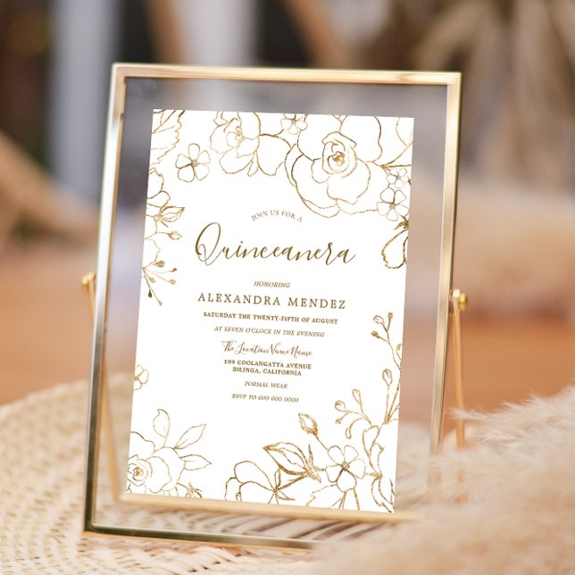 Gold Floral Elegant White Modern Quinceanera Party Invitation (Creator Uploaded)