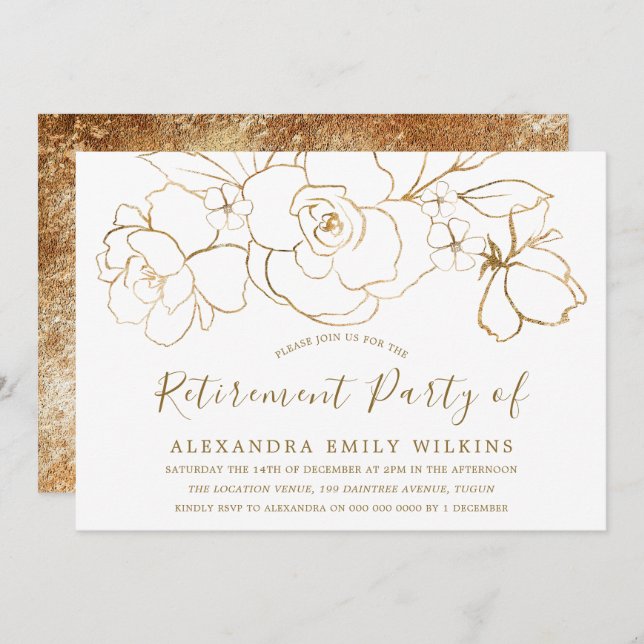 Gold Floral Elegant Work Retirement Party Invitation (Front/Back)