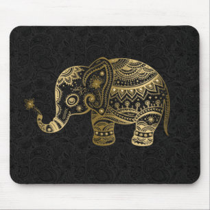 Gold Floral Elephant Black Background Mouse Mat