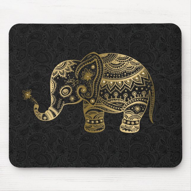 Gold Floral Elephant Black Background Mouse Mat (Front)