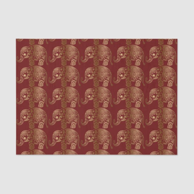Gold Floral Elephant Pattern On Dark Red Tissue Paper (Front)