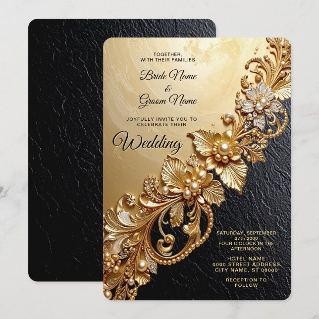 Gold Floral Embellishments Wedding Invitation (Front/Back)