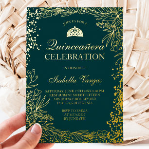 Gold floral emerald green Tiara chic Quinceanera