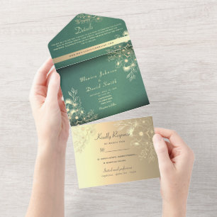 Gold Floral Emerald Wedding All In One Invitation
