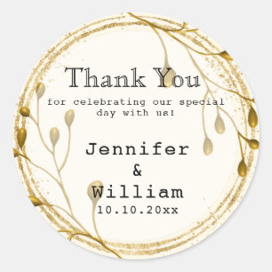 Gold Floral Eucalyptus Thank You Wedding Business Classic Round Sticker