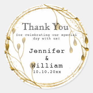 Gold Floral Eucalyptus Thank You Wedding Business Classic Round Sticker