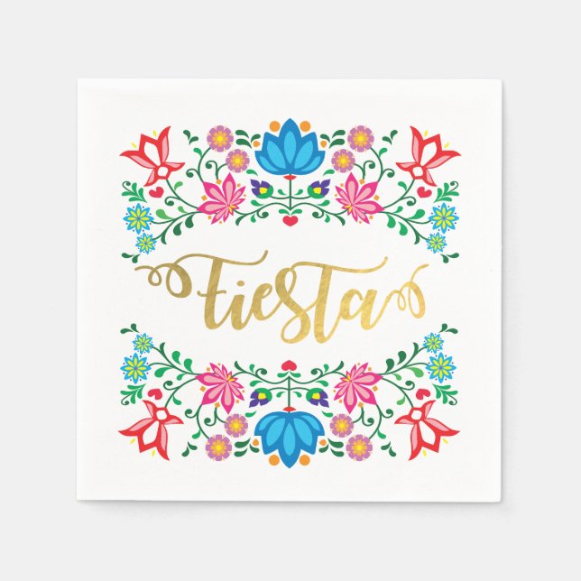Gold Floral Fiesta Mexican Folkart Napkins (Front)