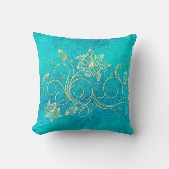 Gold Floral Filigree on Turquoise Cushion (Front)