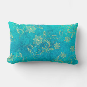 Gold Floral Filigree on Turquoise Lumbar Cushion