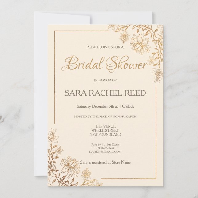 Gold Floral Flourish Bridal Shower  Invitation (Front)