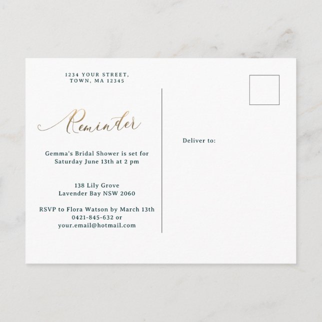 Gold Floral Forest Green reminder RSVP Invitation Postcard (Back)