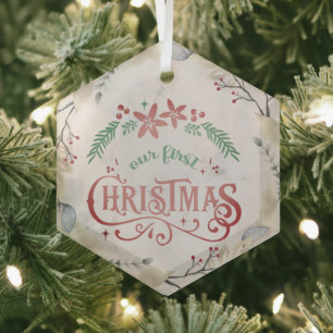 Gold, Floral Frame Christmas Married Glass Tree Decoration