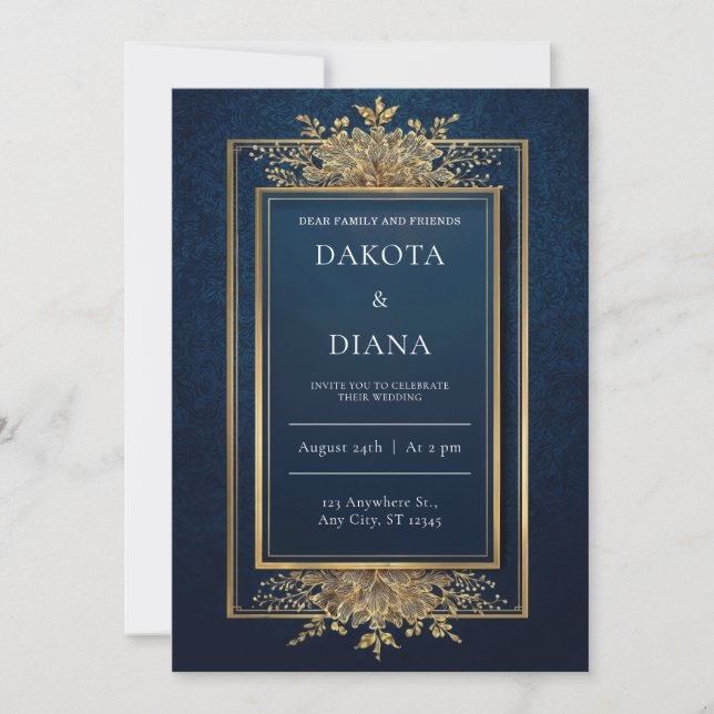 Gold Floral Frame Navy Wedding Invite (Front)