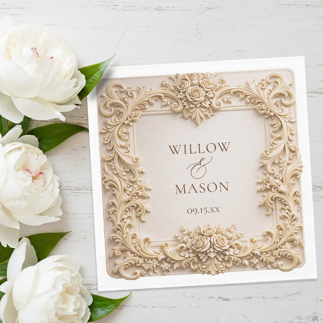 Gold  Floral Frame Paper Wedding Napkins (Gold Floral Frame Paper Wedding Napkins)