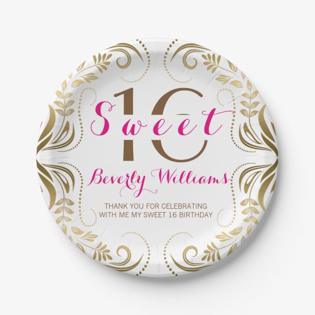 Gold Floral Frame Sweet 16 Template Paper Plate (Front)