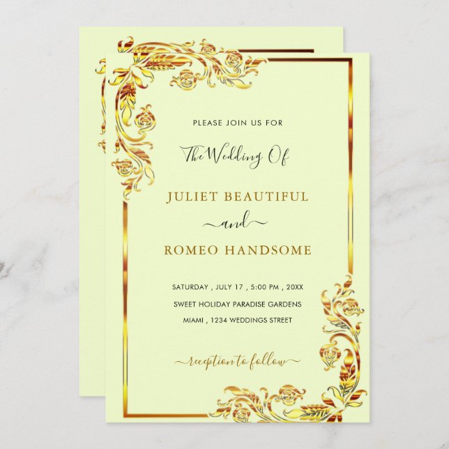 Gold Floral Frame Wedding Invitation Template (Front/Back)