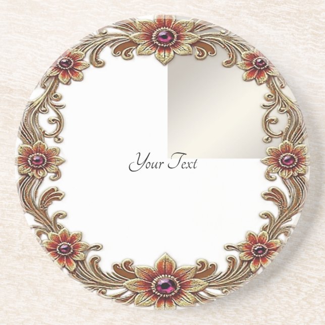 Gold Floral Frame with Red Stone Sandstone Coaster (Front)