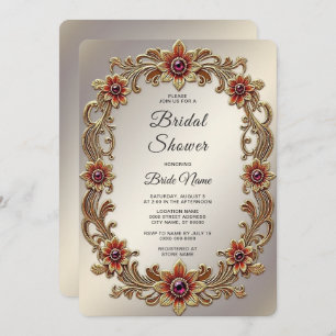Gold Floral Frame with Red Stones Bridal Shower Invitation
