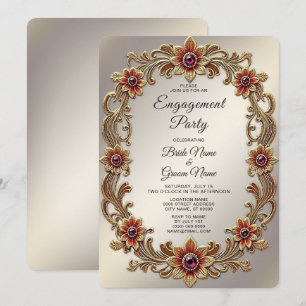Gold Floral Frame with Red Stones Engagement Invitation