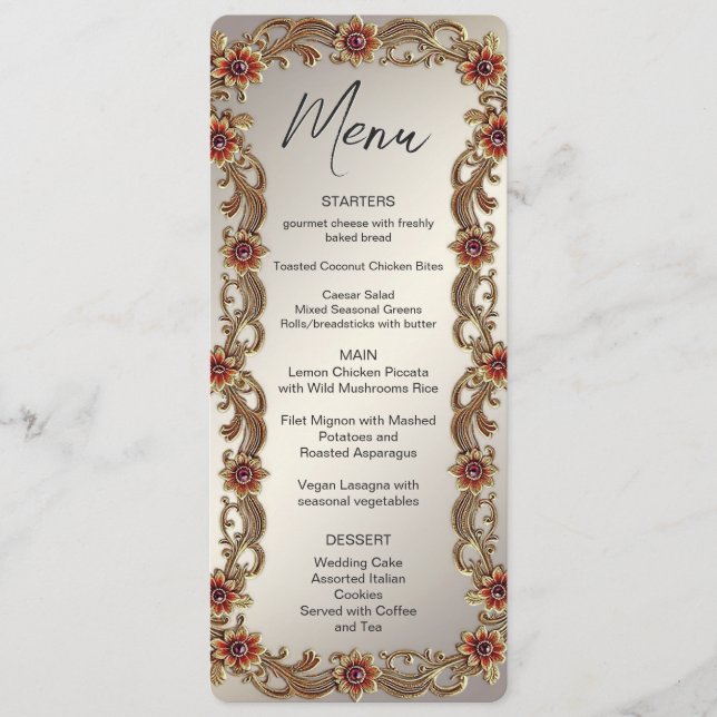 Gold Floral Frame with Red Stones Menu (Front)