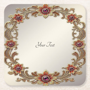 Gold Floral Frame with Red Stones Paper Coaster