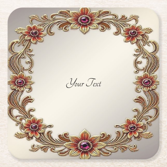 Gold Floral Frame with Red Stones Paper Coaster (Front)