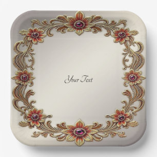 Gold Floral Frame with Red Stones Paper Plate